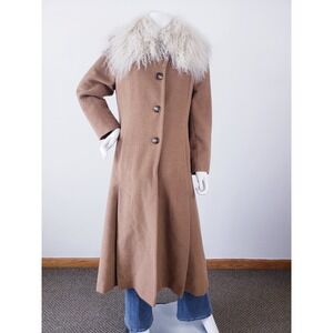 Marisa Minicucci Trench Coat‎ Tan Baby Alpaca Wool Condor Tips Collar Womens 6